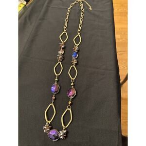 You & I Branded Statement Necklace With Iridescent Purple Glass Large Beads 36”